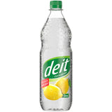Eine Flasche Deit Limonade Citro klar PET 1L: zuckerfreie Zitronenlimonade von Deit, mit grünem Deckel und Zitronenmotive auf dem Etikett - erhältlich im Mehrwegkasten (12x1L).