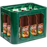Eine grüne Kiste mit zwölf 1-Liter-Flaschen Deit Cola-Mix PET, einem zuckerfreien Erfrischungsgetränk mit Zitrusgeschmack von Deit.