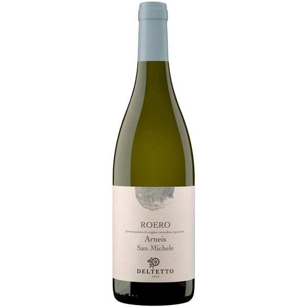 Eine Flasche Deltetto Roero Arneis San Michele DOCG 2023 von Deltetto mit einem hellen Etikett und einem graublauen Verschluss.