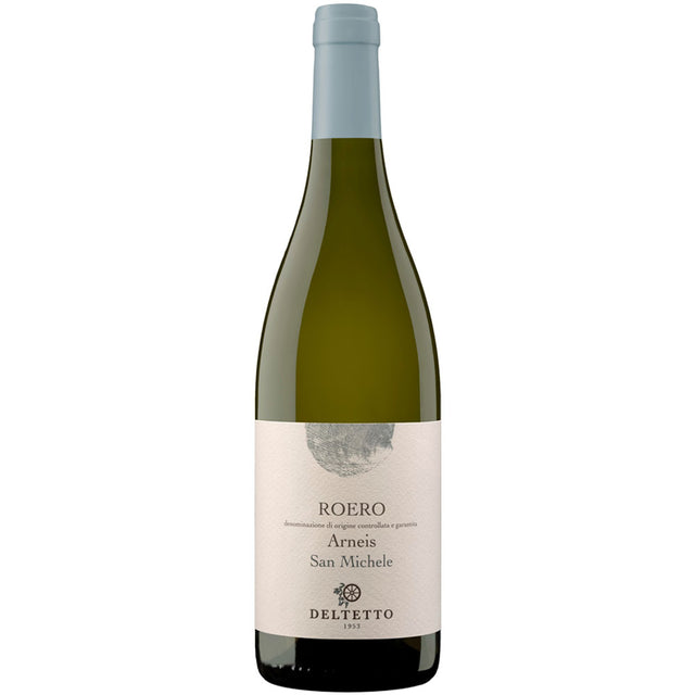 Eine Flasche Deltetto Roero Arneis San Michele DOCG 2023 von Deltetto mit einem hellen Etikett und einem graublauen Verschluss.