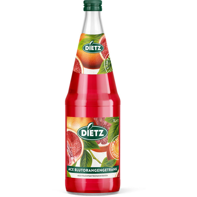 Eine 1-Liter-Glasflasche von Dietz ACE Blutorangengetränk (6er-Pack, Mehrweg) ist mit Fruchtmotiven versehen und hebt den Vitamingetränk und den erfrischenden Blutorangengeschmack hervor.