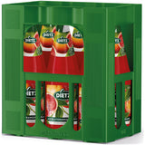 Grüner Kasten mit sechs 1-Liter-Flaschen Dietz ACE Blutorangengetränk (Mehrweg) mit Blutorangenetiketten, die den erfrischenden, vitaminreichen Blutorangengeschmack hervorheben.