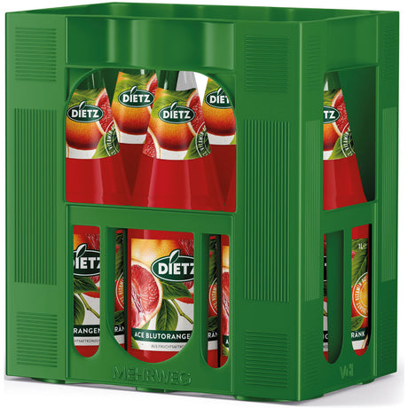 Grüner Kasten mit sechs 1-Liter-Flaschen Dietz ACE Blutorangengetränk (Mehrweg) mit Blutorangenetiketten, die den erfrischenden, vitaminreichen Blutorangengeschmack hervorheben.