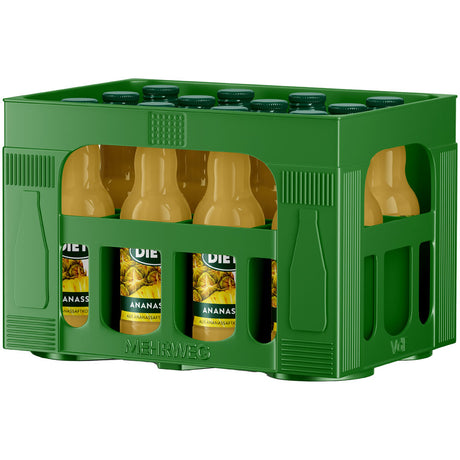 Eine grüne Kiste mit 12 Dietz Ananassaft 0,2L Glasflaschen mit gelben Verschlüssen und sichtbaren Etiketten.