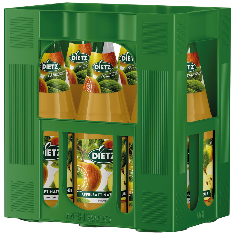Grüne Kiste mit Dietz Apfelsaft naturtrüb 6x1L (MEHRWEG) Glasflaschen, mit sichtbaren Apfel- und Fruchtetiketten.