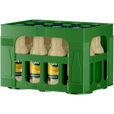 Eine grüne Kiste Dietz Bananen-Nektar 12x 0,2L (MEHRWEG) bietet köstlichen Bananengeschmack in jeder Flasche.