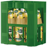 Grüne Kiste mit sechs 1-Liter-Flaschen Dietz Grapefruitsaft (MEHRWEG) mit gelben Fruchtetiketten, die durch die Schlitze sichtbar sind.