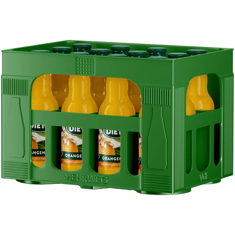 Eine grüne Kiste mit 12 Flaschen Dietz Orangensaft (0,2L MEHRWEG) mit grünen Verschlüssen und etikettierter Vorderseite, jede Flasche glutenfrei.