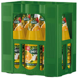 Eine grüne Kiste enthält sechs 1-Liter-Flaschen Dietz Pina Colada mit Aloe Vera (MEHRWEG), jede mit bunten Fruchtetiketten. Das tropische Getränk hat einen Fruchtanteil von 50 % und wird von der Marke Dietz hergestellt.