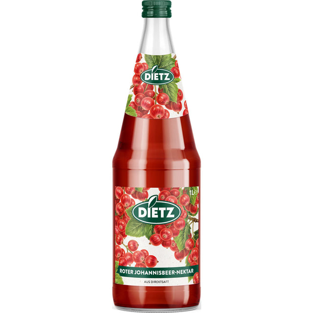 Dietz Rote Johannisbeere Nektar 6x1L (MEHRWEG) von Dietz mit roten Johannisbeeren auf dem Etikett bietet fruchtig-herben Geschmack und intensives Johannisbeeraroma.