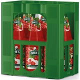 Eine grüne Kiste Dietz Rote Johannisbeere Nektar 6x1L (MEHRWEG) zeigt ihre Glasflaschen durch seitliche Ausschnitte und verspricht einen fruchtig-herben Geschmack und ein reiches Johannisbeeraroma.