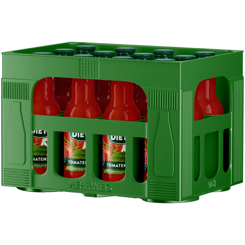 Eine grüne Kiste enthält zwölf 0,2-Liter-Glasflaschen mit Dietz Tomatensaft (MEHRWEG), jeweils gefüllt mit rotem Tomatensaft aus reifen Tomaten, mit grünem Etikett und dem Markenzeichen von Dietz.