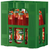 Eine grüne Kiste mit sechs 1-Liter-Flaschen Dietz Tomatensaft (MEHRWEG), die jeweils mit Tomatenabbildungen beschriftet sind.