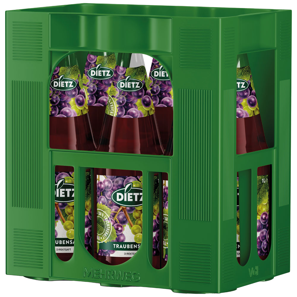 Grüne Kiste mit 6x1L Dietz Traubensaft Rot (Mehrweg); jede Glasflasche ist mit lila Trauben auf dem Etikett versehen.