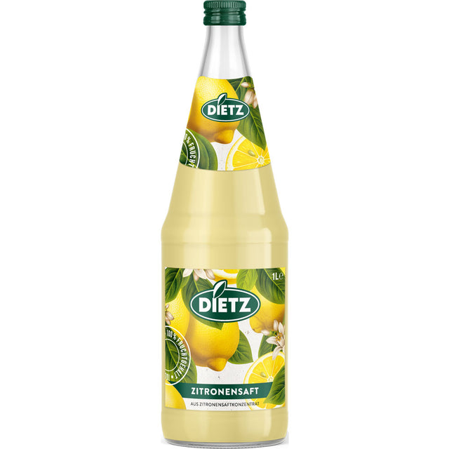 Dietz Zitronensaft 6x 1 Liter (MEHRWEG) zeichnet sich durch frische Zitronen auf dem Etikett aus und bietet reinen, erfrischenden Zitronensaft in 100% Fruchtsaftqualität der Marke Dietz.