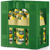 Dietz Zitronensaft 6x1L (MEHRWEG) in der grünen Kiste, mit Glasflaschen mit gelben Zitronenetiketten und grünen Verschlüssen. Genießen Sie dieses 100%ige Fruchtsaft-Zitronengetränk von Dietz für einen erfrischenden Geschmack.