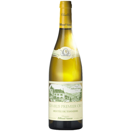 Eine Flasche Domaine Billaud-Simon Chablis Premier Cru Montée de Tonnerre AC 2023 Weißwein mit einem cremefarbenen und grünen Etikett mit einer Gebäudeillustration.