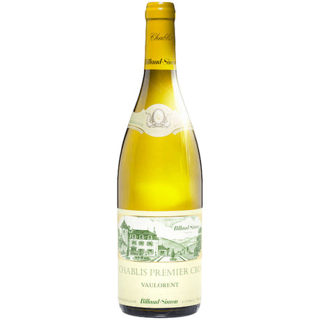 Eine Flasche Domaine Billaud-Simon Chablis Premier Cru Vaulorent AC 2023 mit einem grün-cremefarbenen Etikett.