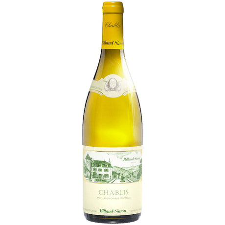 Eine Flasche des Weißweins Domaine Billaud-Simon Chablis Village AC 2022 mit einem gelben Etikett, auf dem ein Gebäude abgebildet ist.