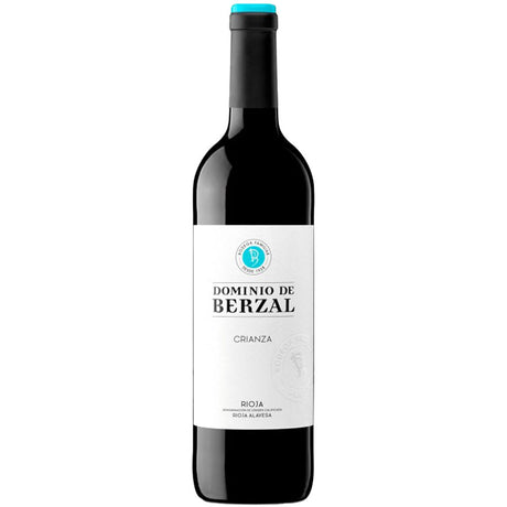 Eine Flasche Dominio De Berzal Crianza DOCa Rioja 2021 mit weißem Etikett und türkisfarbenem Verschluss, hergestellt aus Tempranillo-Trauben der Marke Dominio De Berzal.