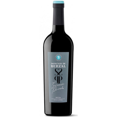 Eine Flasche Dominio De Berzal Seleccion Privada DOCa Rioja 2021, ein spanischer Rotwein von Dominio De Berzal, der sich durch sein graues Etikett mit auffälligen blauen Akzenten auszeichnet.