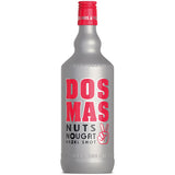 Eine silberne Flasche DOS MAS Hazel Shot Nuts Nougat 17% 0,7L mit roter und schwarzer Schrift, einer Friedenszeichen-Grafik und Haselnuss-Nougat-Likör der Marke DOS MAS.