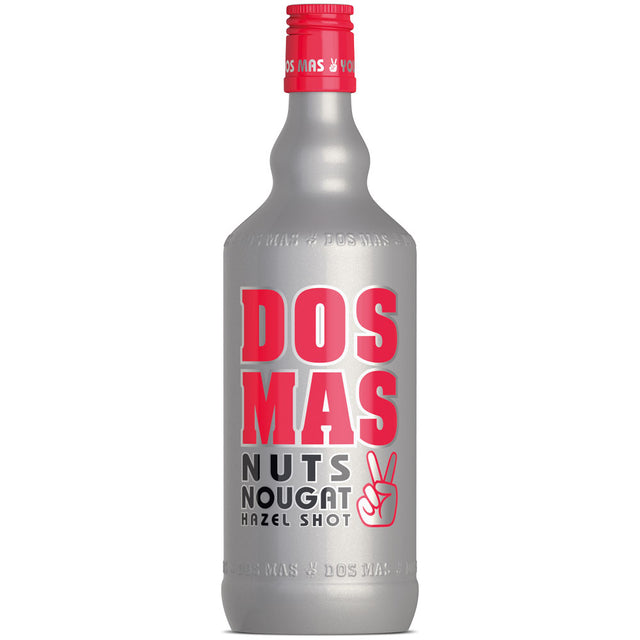 Eine silberne Flasche DOS MAS Hazel Shot Nuts Nougat 17% 0,7L mit roter und schwarzer Schrift, einer Friedenszeichen-Grafik und Haselnuss-Nougat-Likör der Marke DOS MAS.