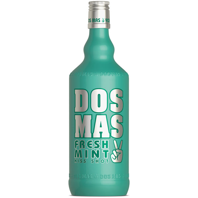 Eine blaugrüne DOS MAS-Flasche mit der Aufschrift "Kiss Shot Fresh Mint 15% 0,7 Liter" ist mit einem fetten weißen Text und einem Friedenszeichen versehen.