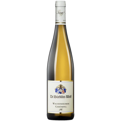 Eine Flasche Dr. Bürklin-Wolf Wachenheimer Gerümpel Riesling P.C. 2023 mit einem cremefarbenen und goldenen Etikett.