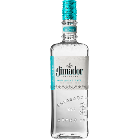 Eine 0,7-Liter-Flasche El Jimador Blanco Tequila 38% aus Jalisco, hergestellt aus 100% blauer Weber-Agave, zeichnet sich durch ein klares Design mit türkisfarbenem Deckel und Etikett aus.