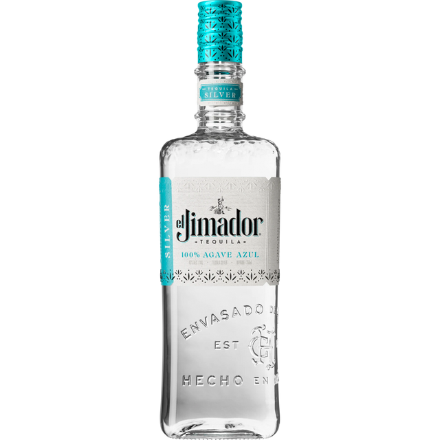 Eine 0,7-Liter-Flasche El Jimador Blanco Tequila 38% aus Jalisco, hergestellt aus 100% blauer Weber-Agave, zeichnet sich durch ein klares Design mit türkisfarbenem Deckel und Etikett aus.