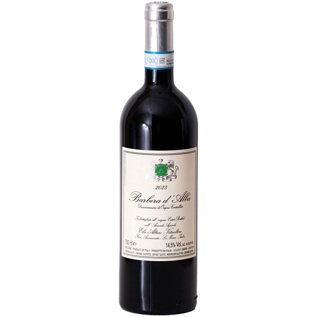 Eine Flasche Elio Altare Barbera D'Alba DOC 2023, ein bekannter italienischer Rotwein aus dem Piemont von Elio Altare, mit weißem Etikett und grünem Wappen.