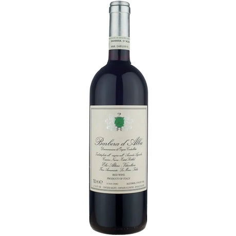 Eine Flasche Elio Altare Barbera D'Alba DOC 2024, ein italienischer Spitzenrotwein von Elio Altare, mit weißem Etikett und markantem grünen Wappen auf der Vorderseite.