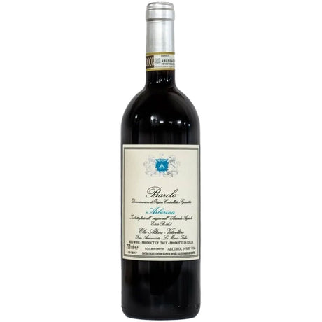 Eine Flasche Elio Altare Barolo Arborina DOCG 2018 steht aufrecht vor einem weißen Hintergrund und trägt ein elegantes cremefarbenes Etikett mit blauem Wappen.