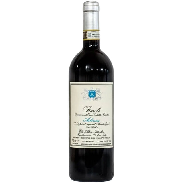 Eine Flasche Elio Altare Barolo Arborina DOCG 2018 steht aufrecht vor einem weißen Hintergrund und trägt ein elegantes cremefarbenes Etikett mit blauem Wappen.