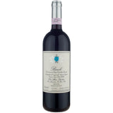 Aufrecht steht eine Flasche Elio Altare Barolo DOCG 2021 von Elio Altare mit cremefarbenem Etikett und rosafarbener Folie am Hals.