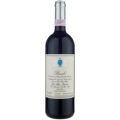 Aufrecht steht eine Flasche Elio Altare Barolo DOCG 2021 von Elio Altare mit cremefarbenem Etikett und rosafarbener Folie am Hals.