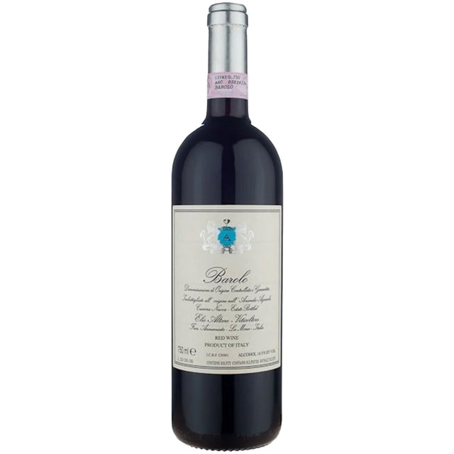 Aufrecht steht eine Flasche Elio Altare Barolo DOCG 2021 von Elio Altare mit cremefarbenem Etikett und rosafarbener Folie am Hals.