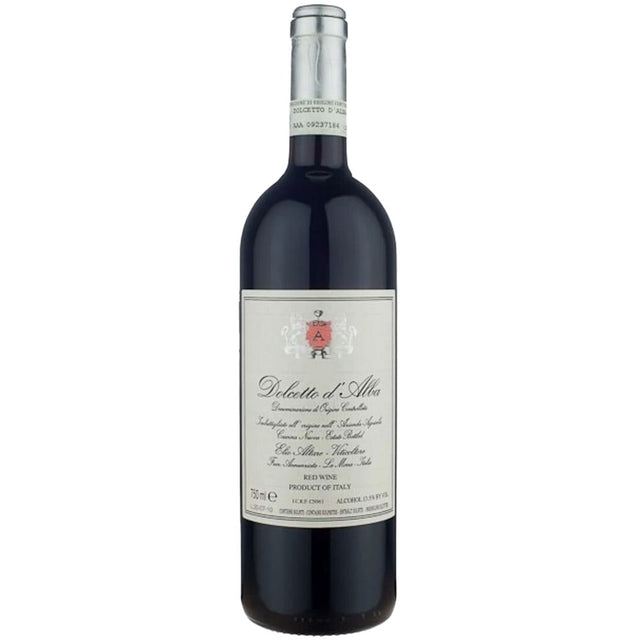 Eine Flasche Elio Altare Dolcetto D'Alba DOCG 2024, ein bekannter italienischer Rotwein aus dem Piemont von Elio Altare, mit weißem Etikett und silberner Halsfolie.