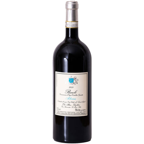 Eine 1,5-Liter-Flasche Elio Altare Barolo Arborina DOCG 2021 italienischer Rotwein mit einem cremefarbenen Etikett und einem mit Folie umwickelten Hals auf weißem Hintergrund.