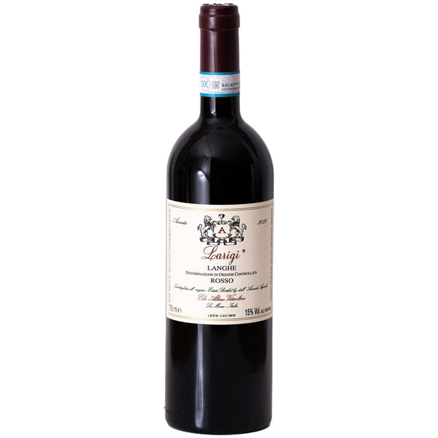 Elio Altare Larigi Langhe Rosso DOC 2022 - diese beigefarbene Flasche mit rotem Verschluss hebt sich von einem weißen Hintergrund ab und ist ideal für Fans des Piemont-Rotweins.
