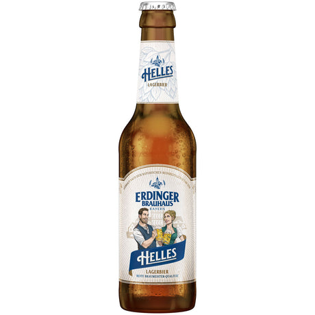 Eine Kiste Erdinger Weißbier Brauhaus Helles 24x 0,33L (Mehrweg), ein klassisches bayerisches Helles mit einem blau-weißen Etikett, auf dem zwei Personen mit Bier in der Hand abgebildet sind.