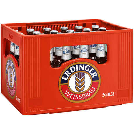 Eine rote Kiste mit der Aufschrift Erdinger Weißbier enthält 24 Flaschen Erdinger Brauhaus Helles 0,33 l (Mehrweg), ein klassisches bayerisches Helles und erfrischendes Lagerbier.