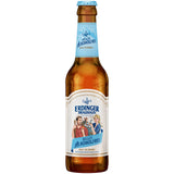 Eine 0,33 l Flasche Erdinger Weißbier Brauhaus Helles Alkoholfrei aus dem 24er-Pack (Mehrweg), ein erfrischendes bayerisches alkoholfreies Helles mit blau-weißem Etikett.
