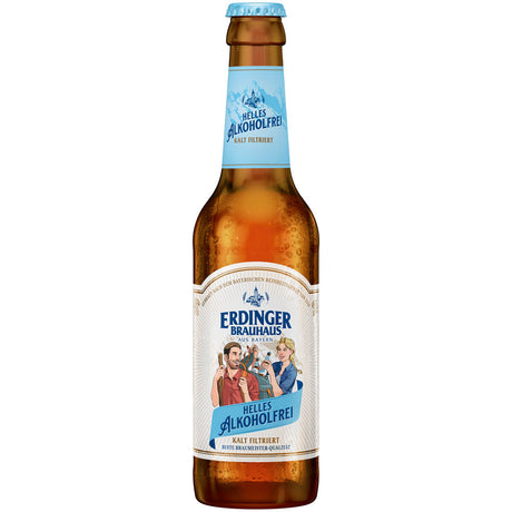 Eine 0,33 l Flasche Erdinger Weißbier Brauhaus Helles Alkoholfrei aus dem 24er-Pack (Mehrweg), ein erfrischendes bayerisches alkoholfreies Helles mit blau-weißem Etikett.