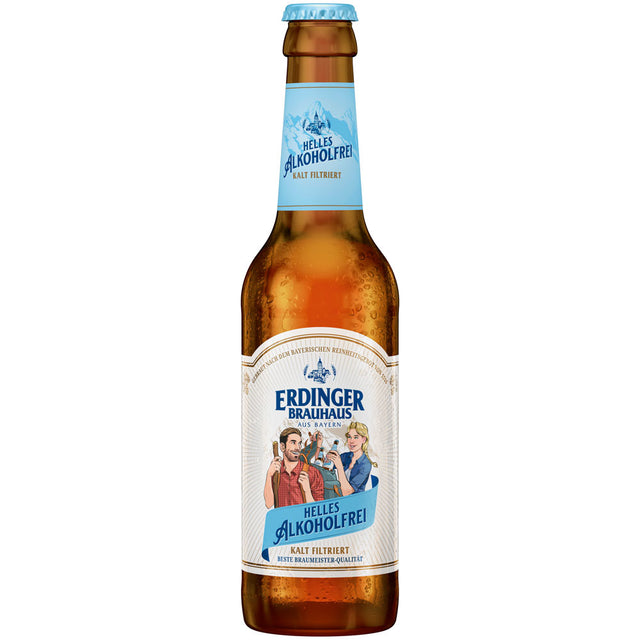 Eine 0,33 l Flasche Erdinger Weißbier Brauhaus Helles Alkoholfrei aus dem 24er-Pack (Mehrweg), ein erfrischendes bayerisches alkoholfreies Helles mit blau-weißem Etikett.
