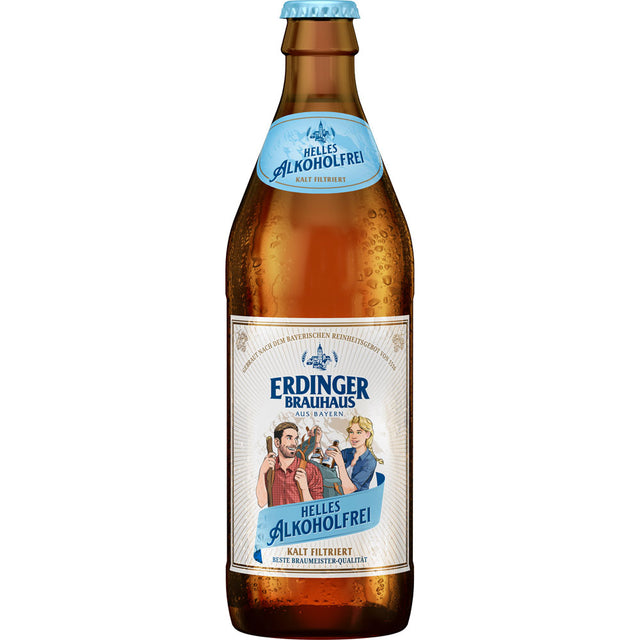 Erdinger Weißbier präsentiert das Erdinger Brauhaus Helles Alkoholfrei 20x0,5 Liter (MEHRWEG) - ein alkoholfreies Bier mit blau-weißem Etikett, das echte bayerische Braukunst verkörpert.
