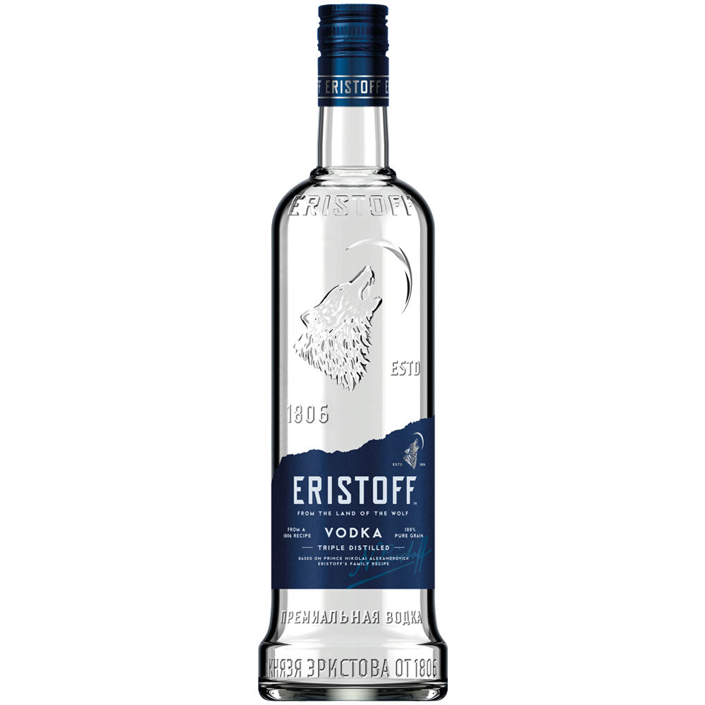 Eristoff Vodka 37,5% 1 Liter ist ein Premium-Vodka in einer Klarglasflasche mit dem blau-silbernen Etikett der Marke Eristoff und einem geprägten Wolfslogo, hergestellt in georgischer Tradition.