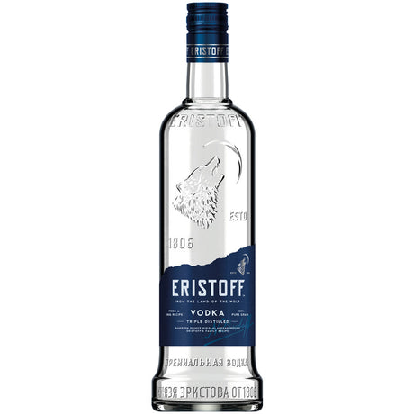 Eristoff Vodka 37,5% 1 Liter ist ein Premium-Vodka in einer Klarglasflasche mit dem blau-silbernen Etikett der Marke Eristoff und einem geprägten Wolfslogo, hergestellt in georgischer Tradition.