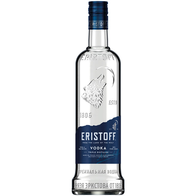 Eristoff Vodka 37,5% 1 Liter ist ein Premium-Vodka in einer Klarglasflasche mit dem blau-silbernen Etikett der Marke Eristoff und einem geprägten Wolfslogo, hergestellt in georgischer Tradition.